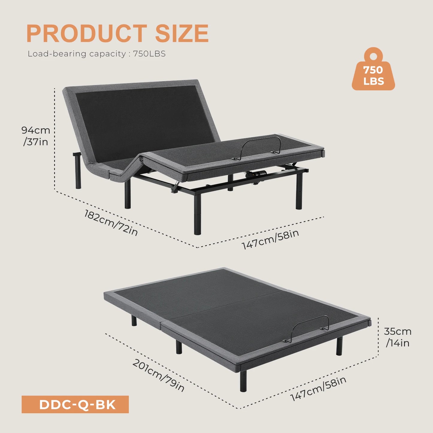 JHK Electric Adjustable Bed Frame With Wireless Remote