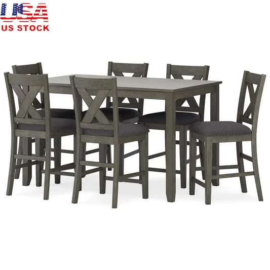 7-Piece Gray Counter Height Dining Table Set with Upholstered Bar Stools Casual Flair