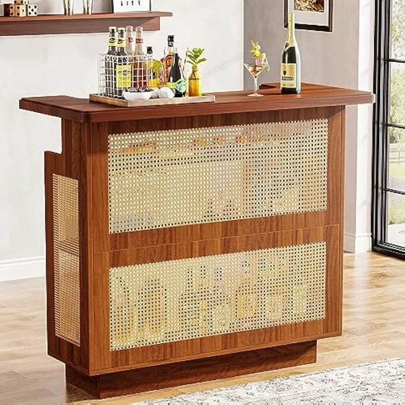 Rattan Home Bar Unit, Farmhouse 4-Tier Bar Table with 4 Stemware Racks and Heightened Base, Liquor Wine Bar Cabinet M